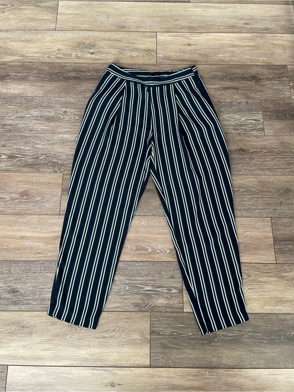 Stradivarius Striped High-Rise Navy, Green and White Tapered Pants